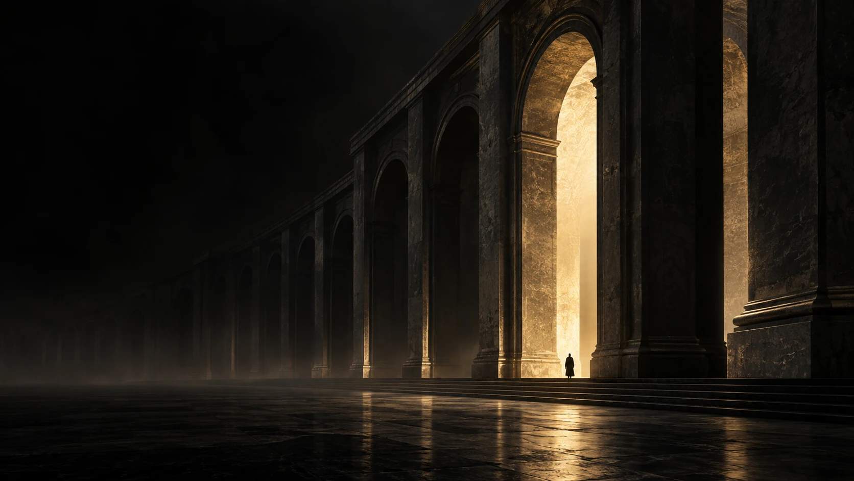 An immense charcoal stone colonnade opens into golden light, with a solitary figure at its threshold.